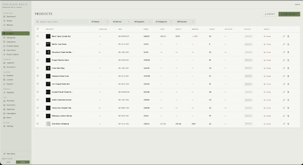 Obsidian Relic — Admin Panel — Dashboard