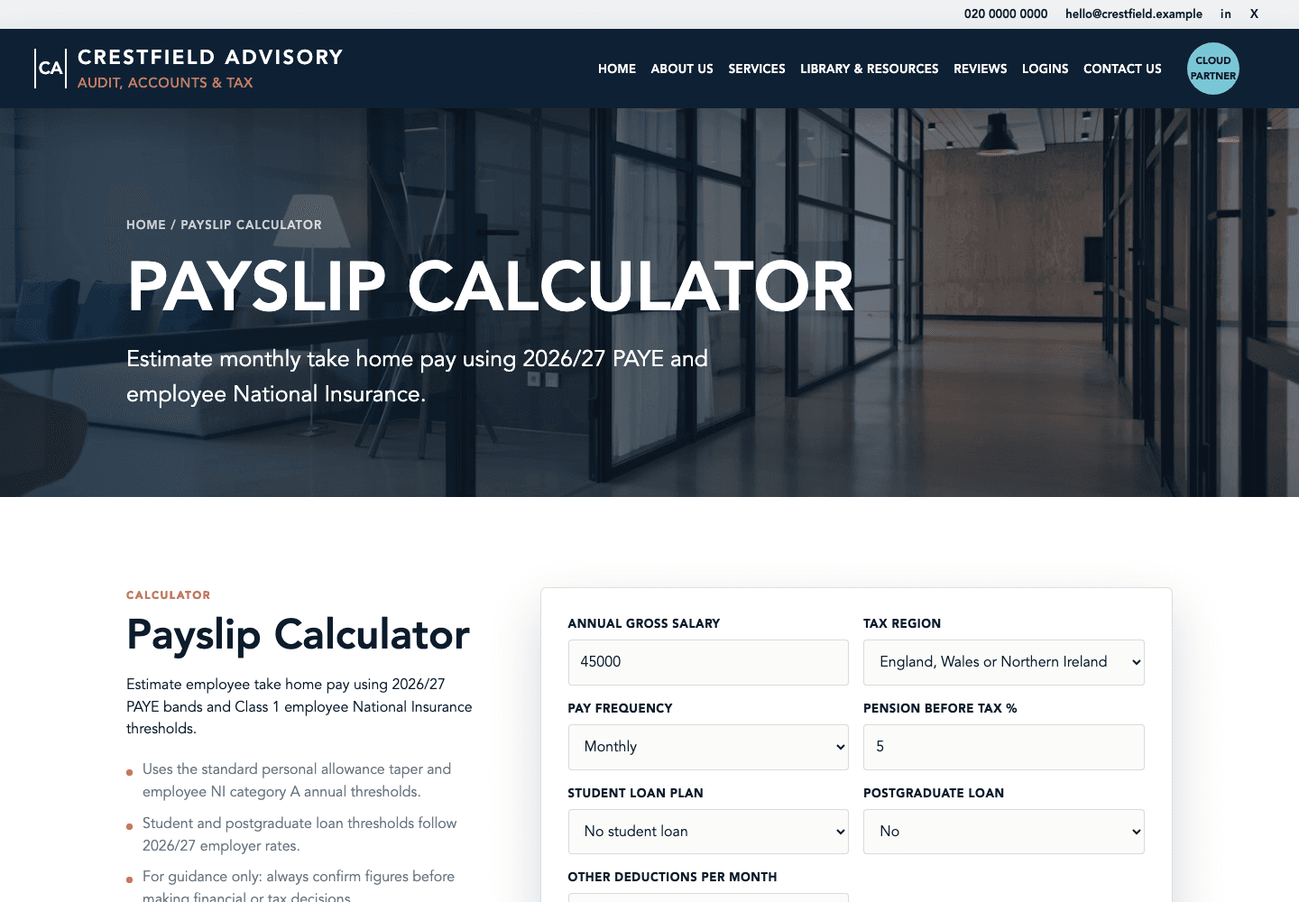 Crestfield Advisory: Interactive payslip calculator with dedicated inputs