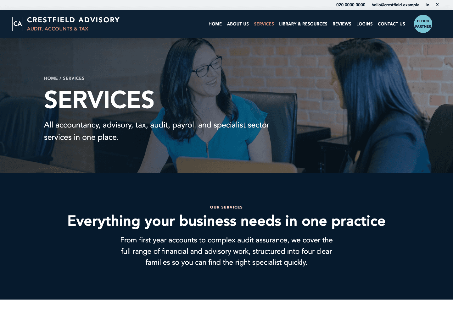 Crestfield Advisory: Structured service families and specialist pages