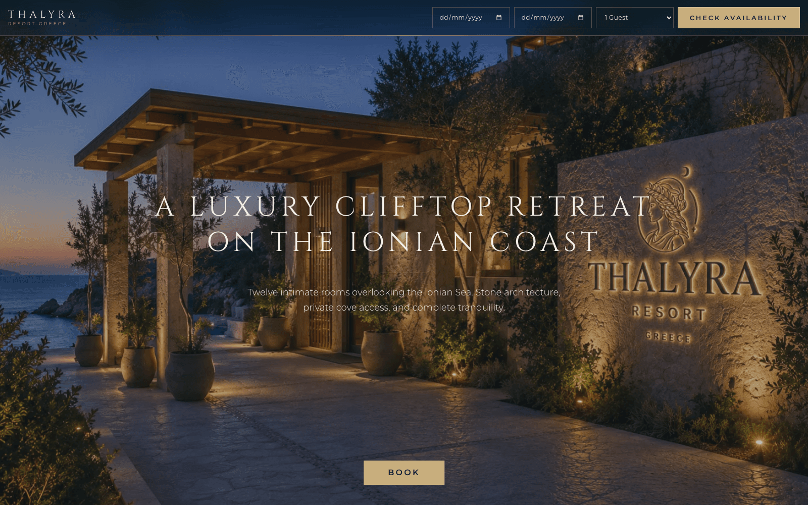 Thalyra Resort: Homepage hero and booking bar
